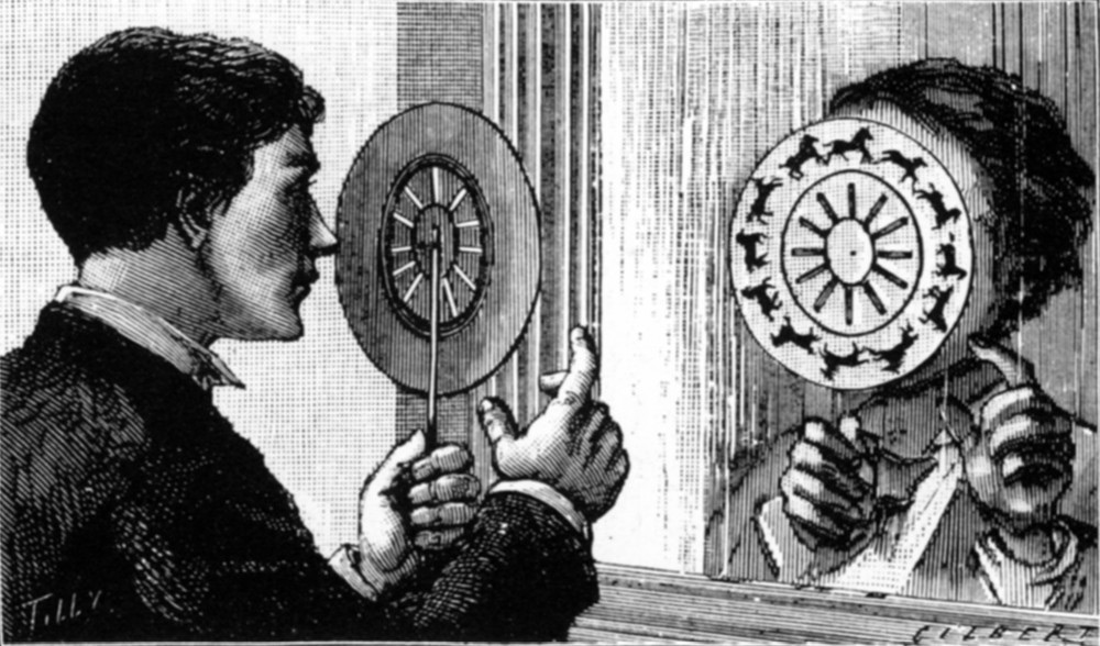 An illustration of a person holding a Phenakisticope up to use it.
