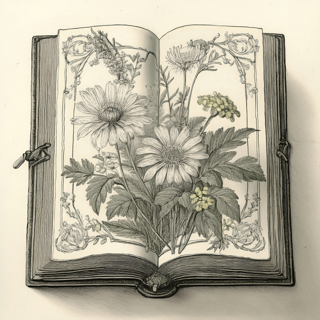 AI-generated illustration of an open antique book displaying botanical drawings of daisies and wildflowers in a vintage engraving style with decorative borders. The detailed black and white illustration includes fully blooming flowers, stems, and leaves, with subtle touches of yellow in some smaller blooms.