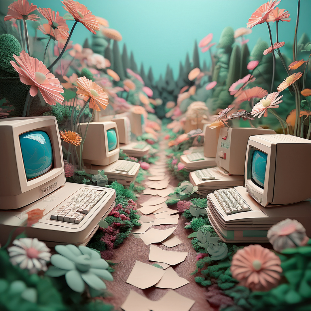 AI-generated image showing rows of early Macintosh Plus computers arranged like planted crops in garden beds. Pink coral-colored flowers and green foliage grow abundantly alongside and between the computers. Sheets of paper are scattered like leaves on a pale pink pathway that runs between the rows. The scene is rendered in soft pastels with a dreamlike quality, set against a turquoise sky.
