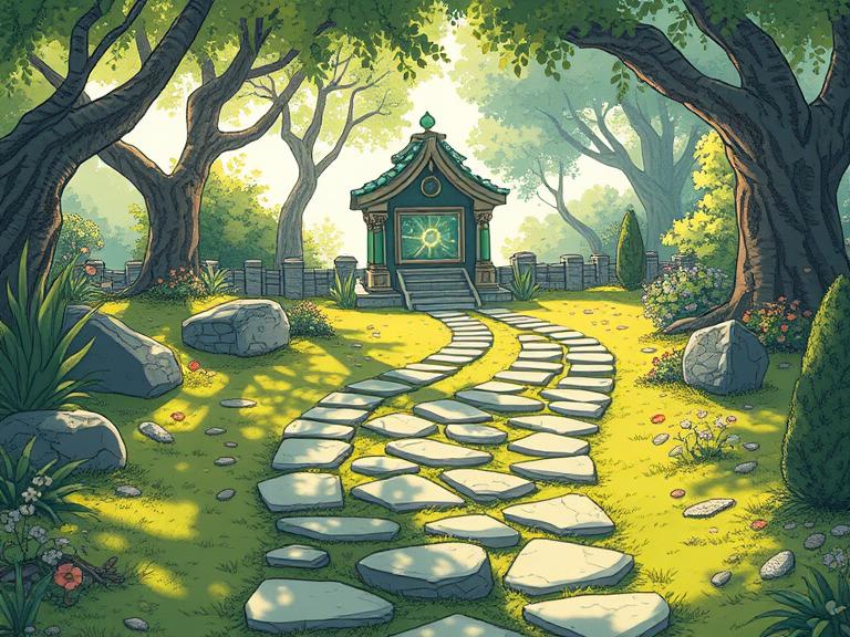 A Japanese-inspired green shrine at the end of a winding stone path, surrounded by lush trees. Sunlight filters through the canopy creating dappled light patterns on the vibrant yellow grass.