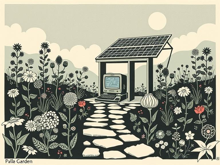 A minimalist black and white illustration showing an old computer beneath a small solar panel roof, situated in a stylized garden with graphic floral elements. A stone path leads to the simple structure.