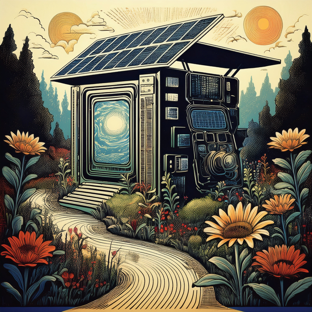 A detailed illustration of a retrofuturistic technology structure with solar panels and multiple screens showing cosmic imagery. Rich orange sunflowers contrast against a blue-green background. The scene combines digital and natural elements with textured line work.