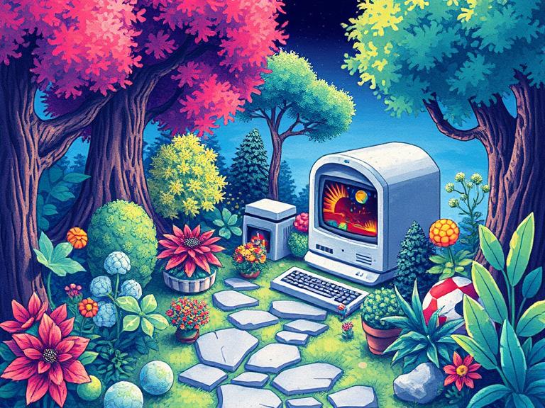 A vintage computer with a cosmic display sits in a fantastical garden with vibrant pink and blue trees and colorful flowers. The scene has a night-time feel with deep blue sky contrasting with illuminated flora.