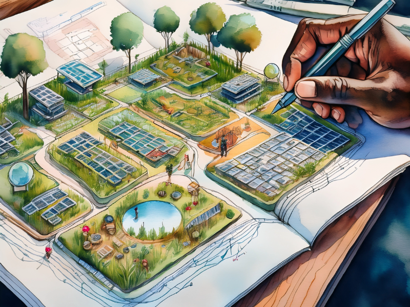 AI-generated image showing a field journal for a low carbon future. The illustration features watercolor sketches of plans for a scifi community computer garden. The hand of the artist is visible, holding a pen as they sketch.