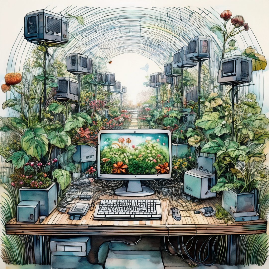 AI-generated watercolor and linocut-style illustration showing a greenhouse workspace where vintage computers and monitors grow like plants among lush tropical foliage. A modern iMac sits on a wooden desk surrounded by flourishing flowers and vines, while old CRT monitors are mounted on poles like tree trunks. Cables snake across the floor like roots. The arched glass ceiling frames this fusion of technology and nature in pale colors with detailed ink strokes.