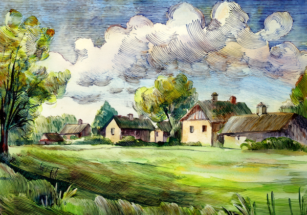 AI-generated watercolor and linocut illustration of a village green - a large grassy area surrounded by small cottages with pitched roofs. Trees frame the scene, and fluffy clouds fill a blue sky. The illustration uses flowing lines to create a sense of a windy spring day.