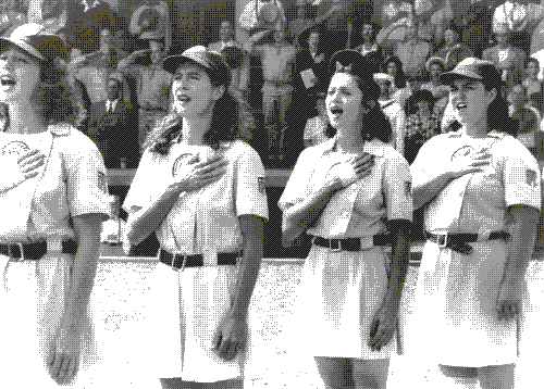 A still image of female baseball players singing the national anthem, from the film A League of Their Own.